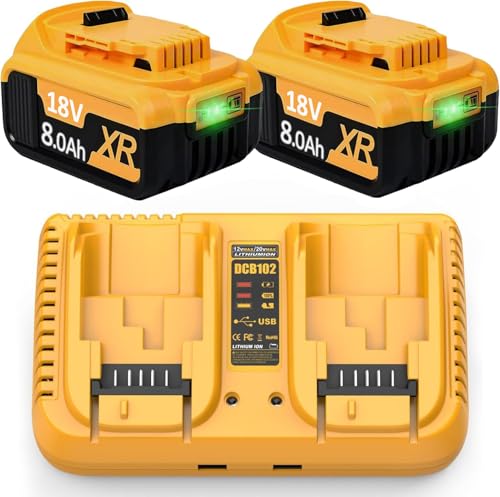 2X 18V 8 0Ah Li-Ion Ersatzakku für Dewalt akku + 6A Dual-Ladegerät DCB200 DCB182 DCB200 DCB184 DCB101 DCB107 DCB112 DCB105 DCB115 DCB203