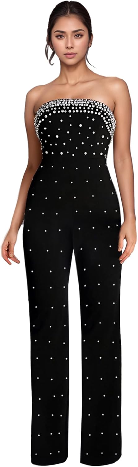 PORRCEY Sexy Jumpsuit for Women Sparkly Rhinestone Mesh See Through Hot Drilling Process Bodycon Party Club Night Romper