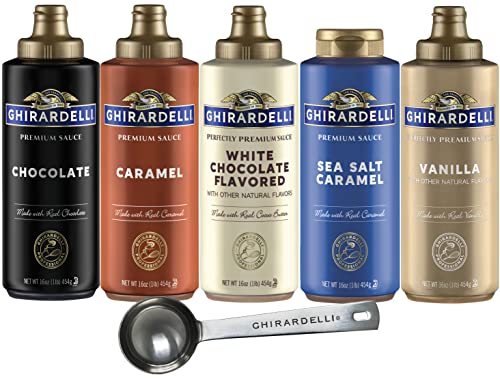 Ghirardelli Chocolate, Vanilla, White Chocolate, Caramel And Sea Salt Caramel Sauces, 16 Oz Bottle Of Each With Ghirardelli Stamped Barista Spoon #TOP14