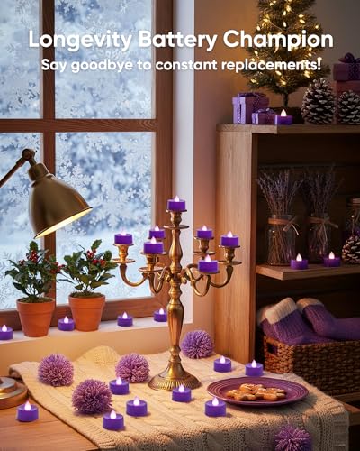 Image of Amagic 30 Pcs Purple Flickering Flameless Tea Lights Battery Operated, 200+ Hours Long Lasting Colored Candles for Wedding, Table Centerpiece, Home Decor, Party, Halloween, Christmas, Proposal