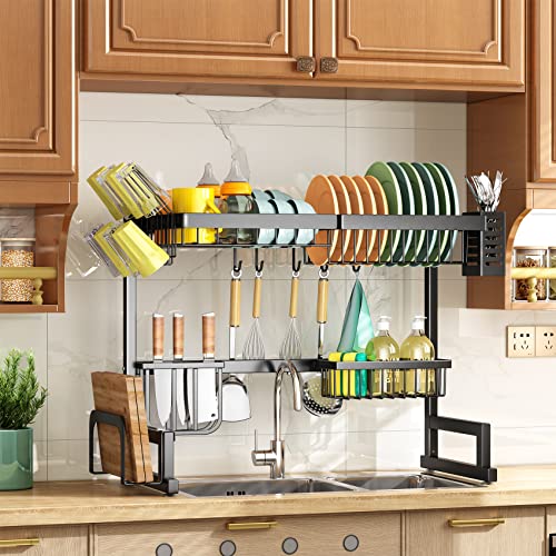 Sayzh Dish Drying Rack, Over The Sink Dish Drying Rack Adjustable (From 26" To 34"), 2 Tier Dish Rack With Utensil Holder Sink Caddy Stainless Steel Dish Drainer For Kitchen Counter, Black #TOP2