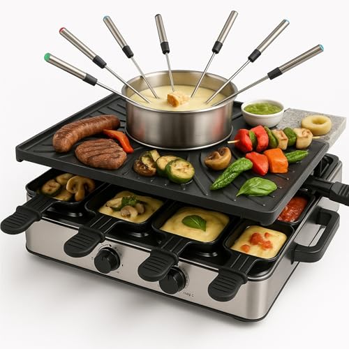 Service à fondue raclette pour 8 personnes avec poêles et grattoir - Inoxydable et réglable (Service à fondue)