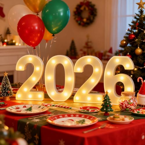 ZUOKEMY LED Marquee Number 2026 Sign - Light Up 2026 Numbers for New Year Eve Party Decorations, Christmas, Graduation & Festive Gatherings | Battery Powered, Freestanding Photo Backdrop (White) by ZUOKEMY - Used condition - Image 6