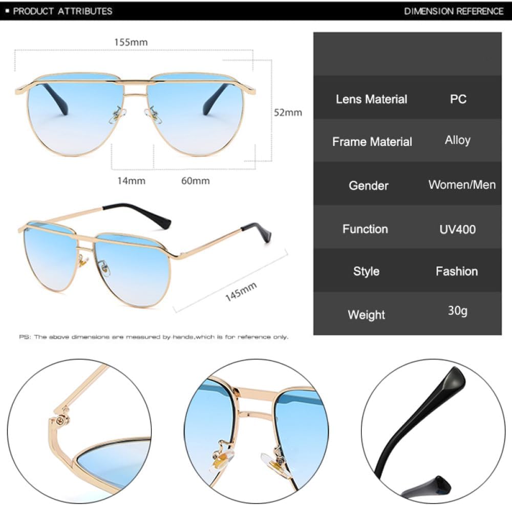 Retro Oversized Metal Double Bridges Pilot Sunglasses Women Fashion Clear Gradient Mirror Shades UV400 Men Sun Glasses