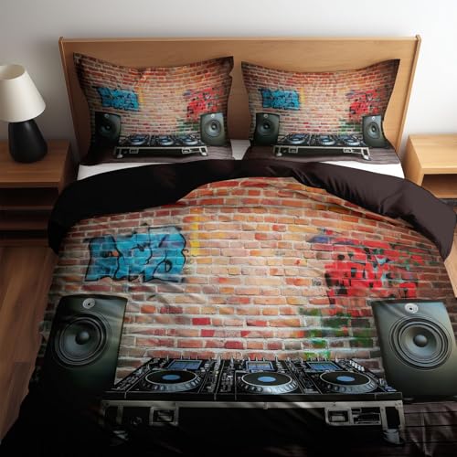 Set copripiumino per lettino, in morbida microfibra spazzolata marrone, con stampa astratta, muro di mattoni, graffiti, dj, leggero, traspirante, con federe