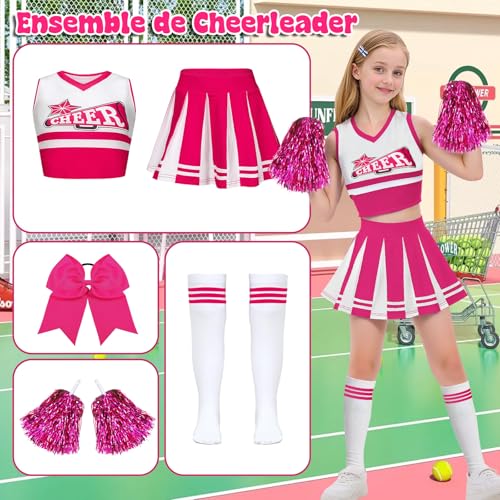 Luckyou Cheerleader Kinder Kostüm Mädchen Cheerleader mit Pompom Socken Karneval Kostüm Kinder für Halloween Sportfest-Pink-150