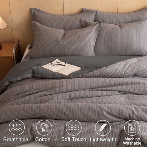 Image of 100% Cotton Comforter Set Queen Size - Reversible Yarn-Dyed Stripe Design, Soft Washed Cotton on Both Sides, Lightweight All-Season Bedding, Machine Washable(Dark Grey Stripe, 90 inchx90 inch)