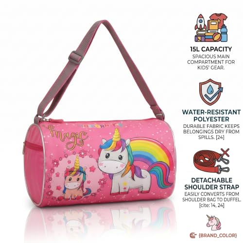 Image of Kids Unicorn Duffle Bag for Girls | Pink Magic Rainbow Barrel Travel Bag | Lightweight Polyester Shoulder Bag for School, Gym, Swimming, Dance, Picnic & Weekend Trips | Age 3-12 Years (Unicorn)