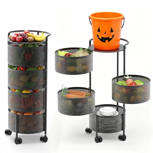 Kitchen Storage Rack No Assembly, 4-Tier Metal Storage Tower Cart Organizer on Rolling Wheels with Removal Basket for Fruit Vegetable Grocery Corns Potato Onion,Fruteros Para Cocina (4-Tier, Black)