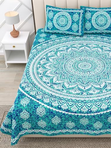 Image of RajasthaniKart 144 TC Pure 100% Cotton Double Bed Sheet with 2 Pillow Covers (Bedsheet for Double Bed Cotton, Green Star Jaipuri, King Size,5298)