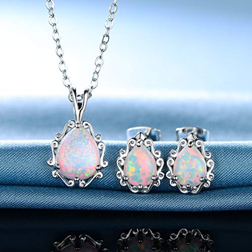 Dwearbeauty White Gold Plated Opal Halo Pendant Necklace And Stud Earrings Jewelry Set (Necklace And Earring Set) #TOP3