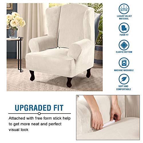 H.versailtex Wing Chair Cover Wing Back Arm Chair Furniture Cover Wing Chair Slipcovers Sofa Cover Velvet Plush High Stretch Slip Resistant Fabric 1 Piece With Elastic Bottom, Wing Chair - Ivory #TOP3