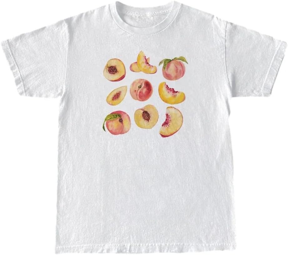 LunoakvoVintage Peaches Printed Graphic Tees Summer Women Cute Short Sleeve Summer T-Shirt Fruit Shirt Aesthetic Tops
