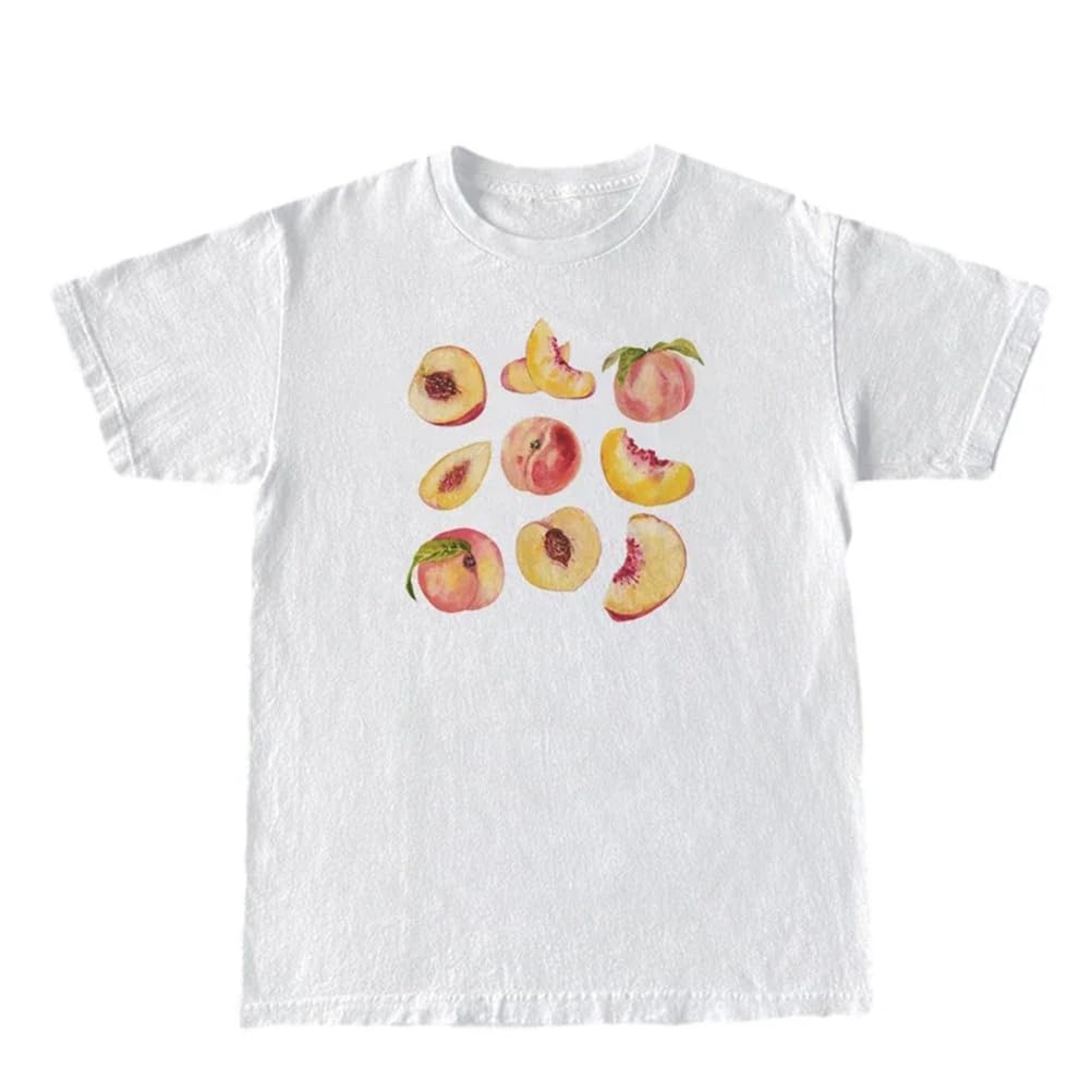 LunoakvoVintage Peaches Printed Graphic Tees Summer Women Cute Short Sleeve Summer T-Shirt Fruit Shirt Aesthetic Tops