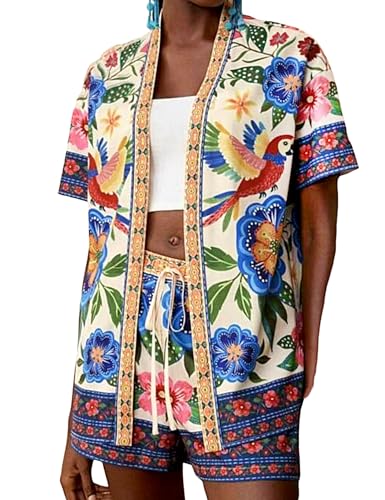 TUREAU Women Boho Tropical Print Beach Cover Up Shorts Set