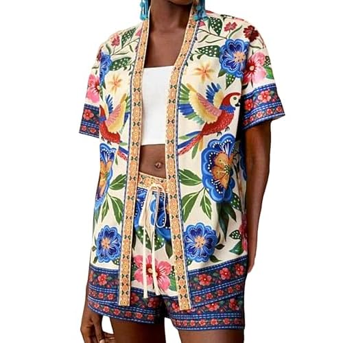 Women Boho Tropical Print Beach Cover Up Shorts Set 2 Piece Summer Lounge Outfit Lightweight Swimwear Matching Outfit