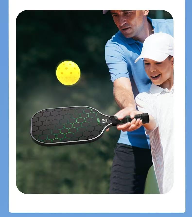 Miniatura 8 de Juego de 2 palas de pickleball  Juego de 2 raquetas ligeras de primera calidad con cara de fibra y polímero con núcleo de panal de abeja con 4 bolas
