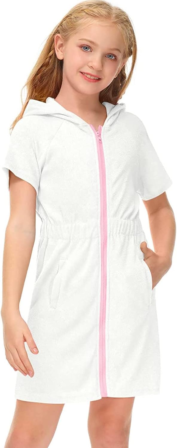 Girls Swim Cover Up Hoodie Long Sleeve Rash Guard Full Zip Beach Swimsuit Coverup White 3 to 4 Years