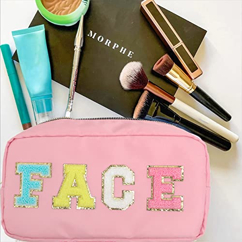 Dyshayen Nylon Cosmetic Bag Preppy Face Care Makeup Bag For Women Travel Toiletry Organizer With Chenille Letter Patches (Pink-Face) #TOP1