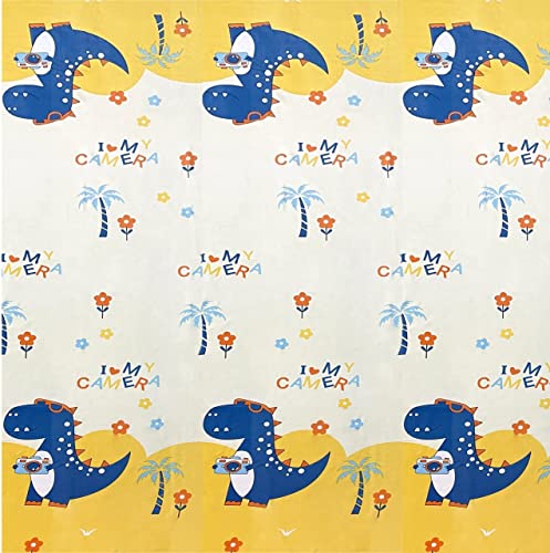 Image of Kids Dino Design Queen Size Elastic Fitted Bedsheet for Kids Room, Bedroom, Living Room, 90x100 inches, Set of 1 pc of Bedsheet & 2 Pillow Covers, Cream Blue