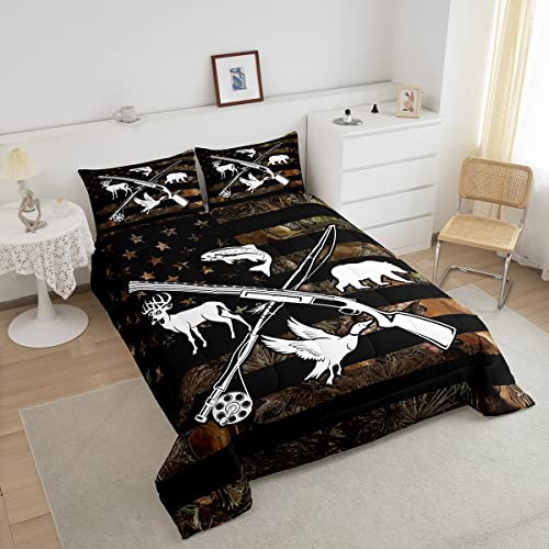 Huntinig And Fishing Comforter Set Wildlife Fish Duck Deer Bear King Comforter For Boys Men,Camo American Flag Bedding Set Rustic Trees Leaves Camouflage Quilt Duvet Insert With 2 Pillow Cases #TOP2