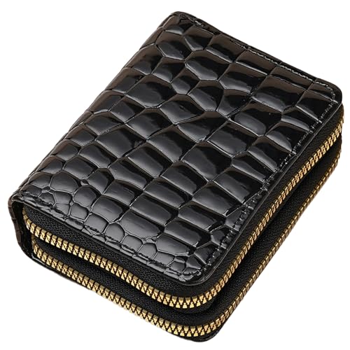 Crocodile Pattern PU Leather Card Holder, Double Zippered Coin Purse with Multiple Slots Compact Wallet for Cards and Cash Portable Small Purse for Men and Women (Black)