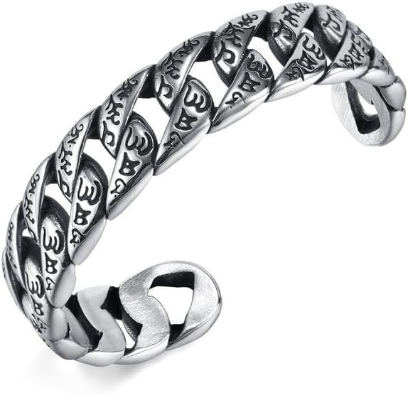 Tibetan Om Mani Padme Hum Cuff Bracelet, Stainless Steel Six-word Mantra Bangle Bracelets, Yoga Meditation Jewelry Gift for Men Women