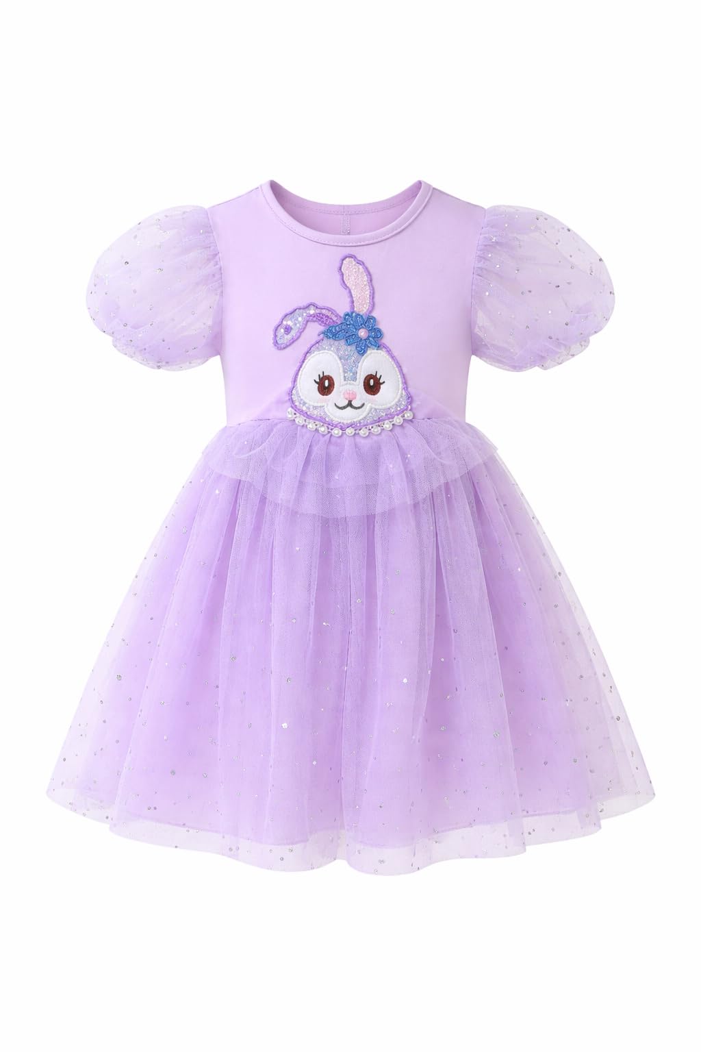 Girls Lavender Tulle Dress with Bunny Embroidery, Puff Sleeves, Sparkle Mesh Skirt-image-11
