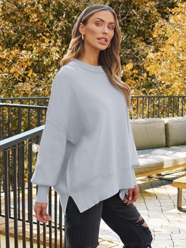 Image of LILLUSORY Women's Oversized Batwing Sweaters 2026 Fall Outfits Trendy Crewneck Knit Side Slit Fashion Pullover Tops