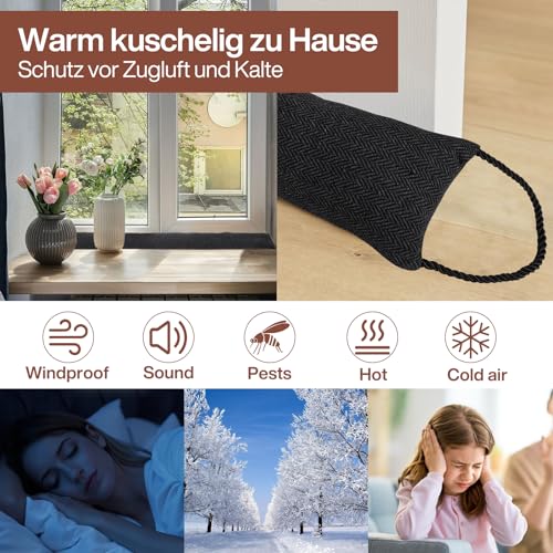 POWZOO Tochtstopper voor ramen tot 120 cm, wasbaar, energiebesparend, extra lang en zwaar, ook voor brede deuren, zwart - Image 3