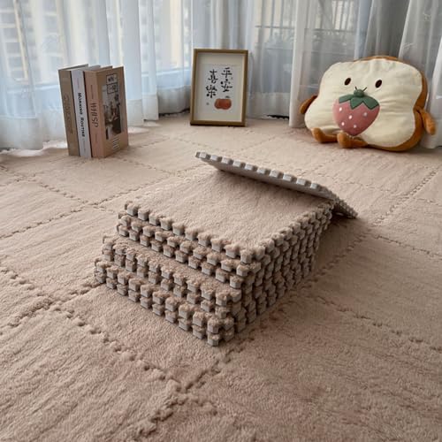 Gangdise 12 PCS Thickened Plush Interlocking Floor Mat Fluffy Square Tiles EVA Foam Matswith 16 Edgings Soft Anti-Slip Exercise Play Mat for Room (Light Coffee)