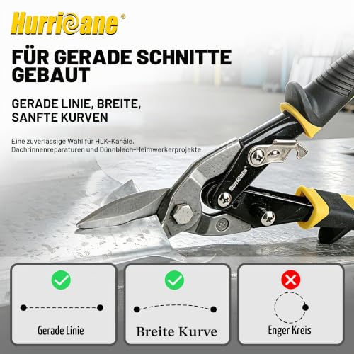 HURRICANE 250mm Gerade Blechscheren – Durchlaufblechschere, Blechschere Gerader Schnitt, Metallschere, Blech Schneiden, Cr-V Stahlblechschere,Gerader Schnitt für Blech, Aluminium, Regenrinnen & DIY