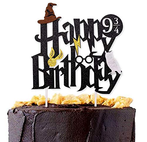 Astra Gourmet Double Sided Glitter Black Wizard Happy Birthday Cake Topper Wizard Party Supplies for Theme Party Decorations