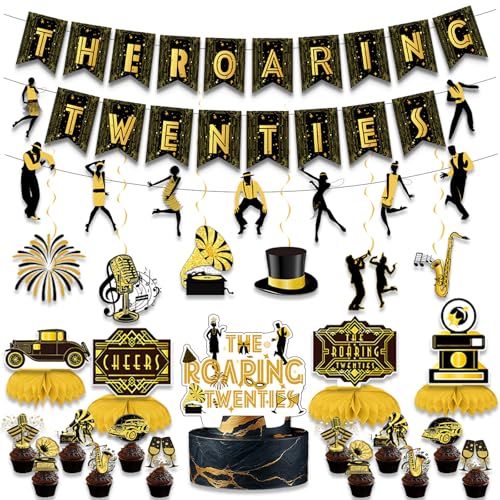 Roaring 20s Party Decorations, 1920s Theme Black Gold Banner and Garland, 25 Cake Topper, 6 Hanging Swirl, 4 Table Centerpieces, for Roaring 20's Great Gatsby Vintage Jazz Party Wedding Party Supplies