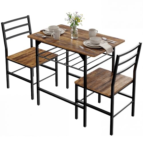 HOMCOM - Conjunto de Mesa de Comedor con 2 sillas, Mesa de Cocina para 2 Personas, Estante de Almacenamiento, Marco metálico, Estilo Industrial, Ideal para Espacio reducido, marrón rústico