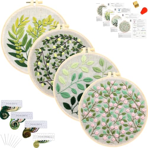 Image of Vintage Plant Embroidery Kits for Beginners Adults, Flowers Hand Embroidery Sets Needlepoint Kits, Stamped Cross Stitch Kits for Beginners Adults, 4 Embroidery Hoops, Fabric (Attached Video Tutorial)