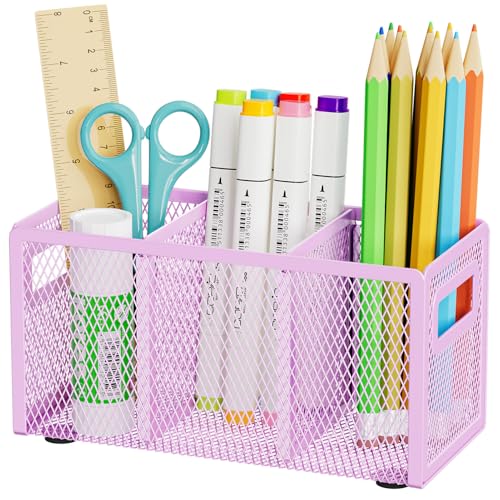 Marbrasse Mesh Pen Holder for Desk, Pencil Holder Desk Organizer 3 Adjustable Compartments, Pencil Cup with Handle Perfect for Classroom, Office, Home, Makeup, Art (Purple)