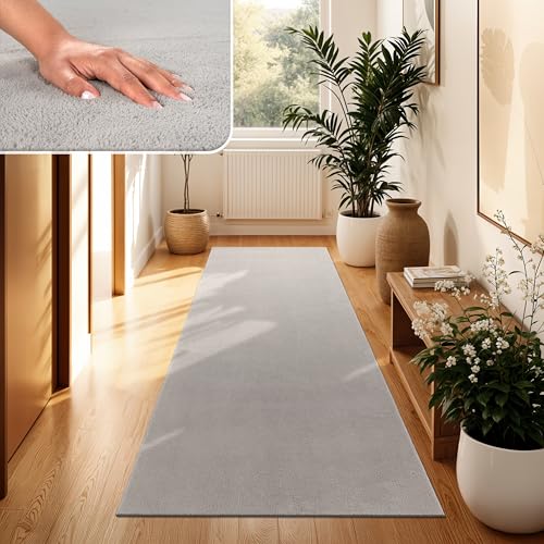 Paco Home Moderner Kuscheliger Wohnzimmer Teppich Kurzflor waschbar flauschig Weich Einfarbig Felloptik zeitlos stilvoll rutschfest pflegeleicht, Grösse:80x300 cm, Farbe:Silber