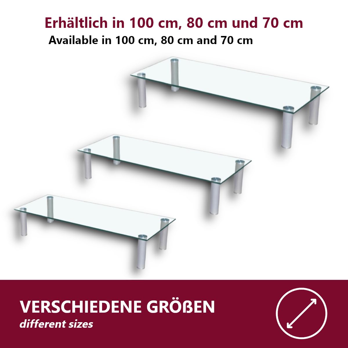 Euro Tische TV-Board TV-Rack Glas in 3 verschiedenen Größen & Farben - perfekt geeignet als Fernsehtisch oder Bildschirmständer, Klar-Glas - 70cm