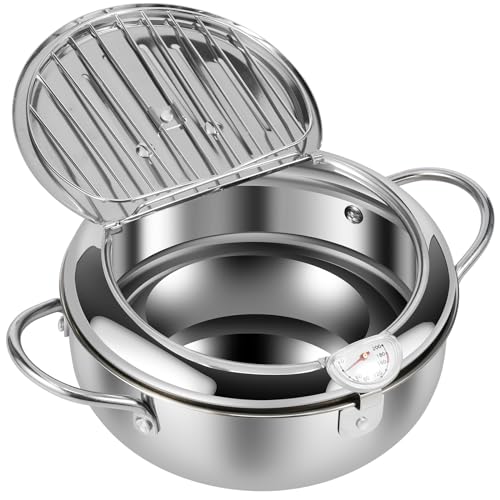 ZJRDYYK Deep Fryer Pot, Japanese Style Tempura Frying Pot with Lid, 2.3QT 304 Stainless Steel Fry Pot with Temperature Control and Oil Drip Drainer Rack, for Kitchen French Fries, Chicken etc (Small)