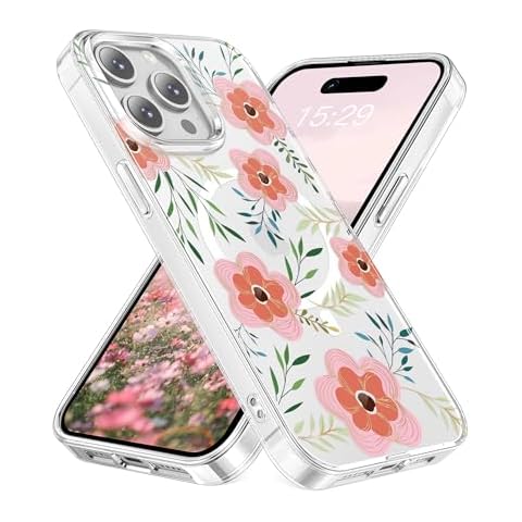 ACAGET for iPhone 15 Pro Max Case Floral Magsafe Compatible Clear Slim Flower Pattern Protective Phone Cases for Women Girl, Magnetic Hard Back Cover Soft Raised Edge Protection Bumper, Pink Floral Cover