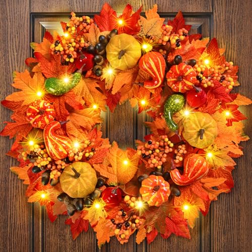 Fall Wreaths for Front Door, 20 Inch Fall Door Wreath with Welcome Sign, Autumn Wreath Maple Leaves for Harvest Thanksgiving Indoor Outdoor Decor