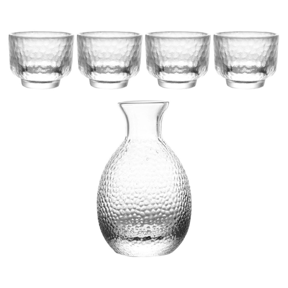 Glass Sake Dispenser Set Japanese Style Hammered Texture Sake Pot with 4 Cups for Dining and Entertaining