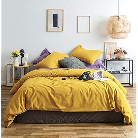 YuHeGuoJi Mustard Duvet Cover Washed Cotton Queen Ginger Duvet Cover 3 Pcs Set Solid Yellow Duvet Cover with Zipper Ties 2 Pillowcases Minimalist Modern Hotel Collection Winter Bedding Set Luxury Soft Cover