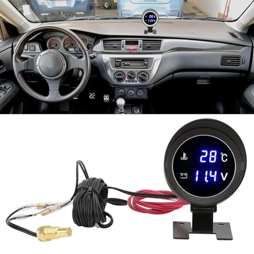Voltímetro Digital com Medidor de Temperatura, Display LED Azul, 12V/24V, Montagem Universal para Ca