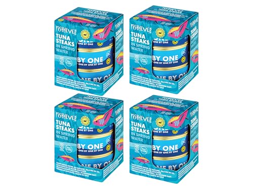 Fish 4 Ever | Azores Skipjack Tuna Steaks In Spring Water - Sustainably Fished. Tin Canned Food Rich In Omega-3, Great For Making Sandwich Spread Or Hot And Cold Snacks | 160g (Pack of 12)