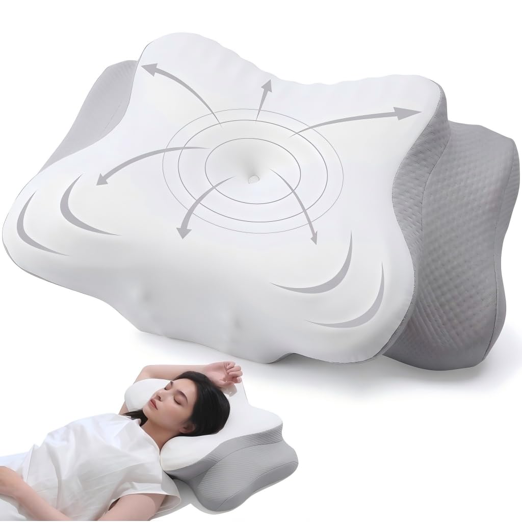 AmzHandler Seitenschläferkissen aus Memory Foam, Ergonomisches Nackenstützkissen Kopfkissen, Orthopädisches Nackenstützkissen für Nacken-und Schulterschmerzen, L 62 x W 38 x H 14,4/9 cm (Grau)