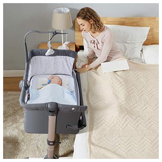 BABY JOY Baby Bedside Bassinet, Height Adjustable Portable Crib w/Music, Toy Rack, Mattress, Straps, Breathable Mesh & Carrying Bag, Easy Folding Kids Bed Side Sleeper for Newborn Infant (Dark Grey)