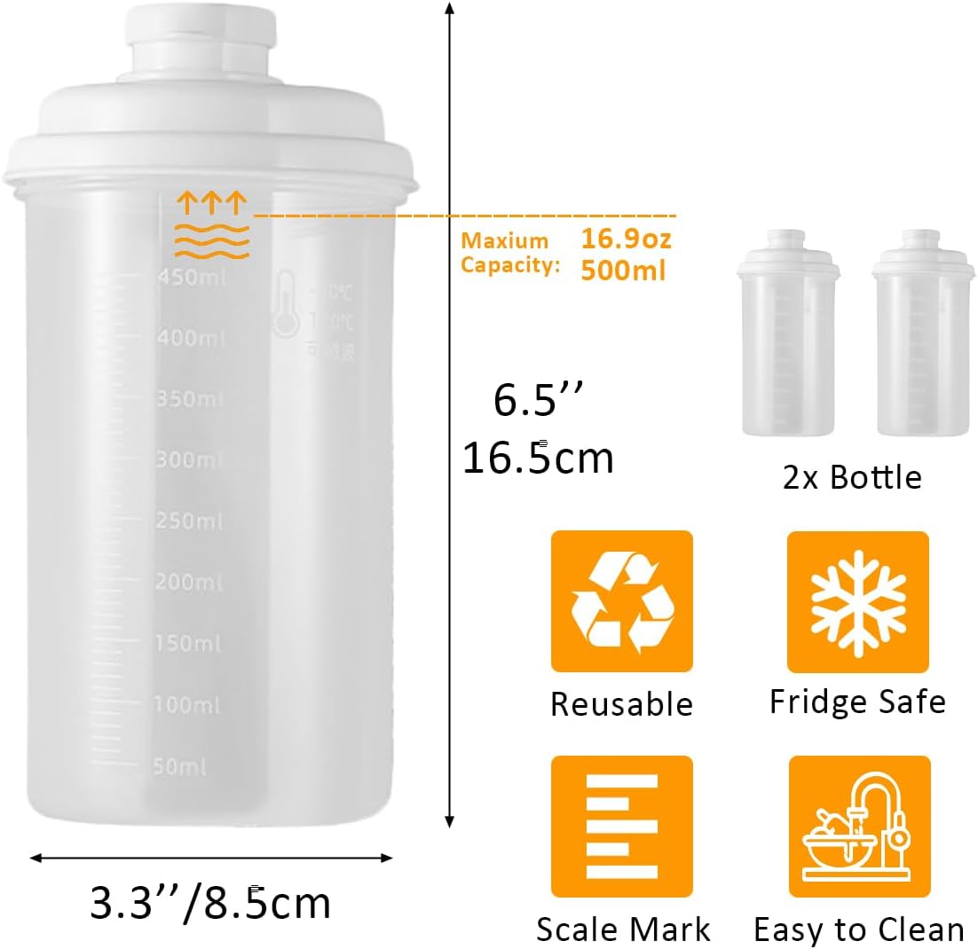 2 Pack Plastic Milk Bottle with Dispenser, 16.9 OZ Reusable Juice Bottle with Leakproof Lid & Scale, Milk Container for Refrigerator Pour Spout for Juice, Coffee, Iced Tea, Beverage