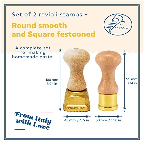 La Gondola Set Of 2 Homemade Ravioli Stamps - Round Smooth 1.5In & Square Festooned 1.77X1.77In | Pasta Making Tools | Brass & Natural Wood | Easy To Use Ravioli Stamps | Ravioli Cutters Made In Italy #TOP1
